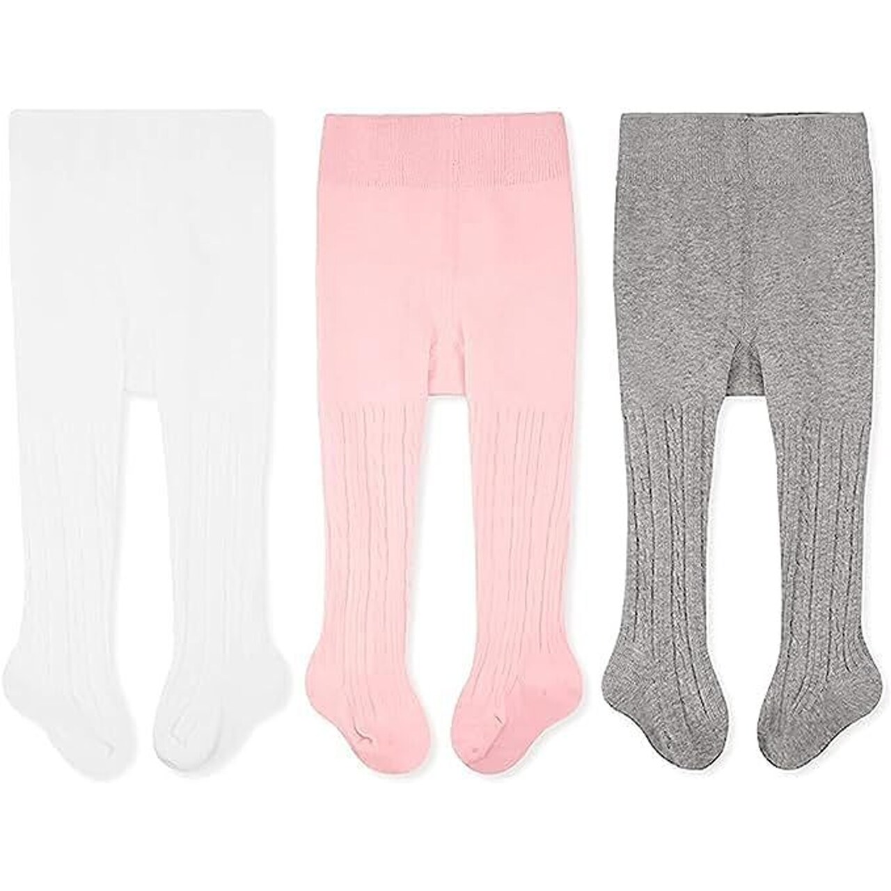 CozyWay Cable Knit Cotton Leggings/Tights for Toddler Girls, 3 Pack, White/Pink/Gray, 1-2 Years Old